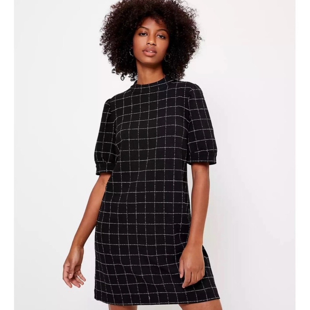 LOFT Windowpane Mock Neck Puff Sleeve Dress Black 0P